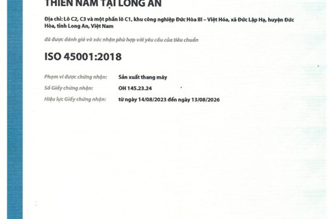 Thang máy Thiên Nam đạt tiêu chuẩn quốc tế quy định các yêu cầu đối với hệ thống quản lý an toàn và sức khỏe nghề nghiệp