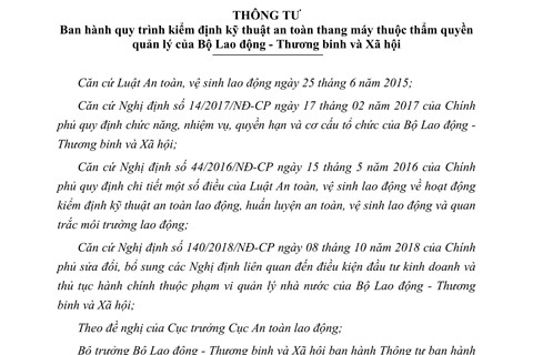 Thông tư ban hành Quy trình kiểm định kỹ thuật an toàn thang máy mới nhất thuộc thẩm quyền quản lý của Bộ Lao động – Thương binh và Xã hội